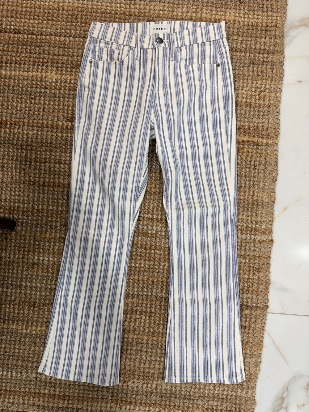 Sz 25 Frame Denim Blue & White Stripe Le Crop Mini Boot Jeans